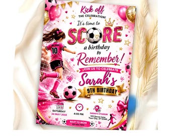 Invitación de cumpleaños de fútbol rosa para niña / Plantilla editable de Canva / Invitación para fiesta de fútbol / Invitación de cumpleaños de fútbol / Invitación para el 8º cumpleaños /