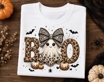 Boo-Geist (PNG), Leopardengeist (Halloween, PNG), Niedliche Geisterschleife (PNG), Halloween-Sublimationsdesign, Herbst-Geister-Shirt-Design, Sofort-Download