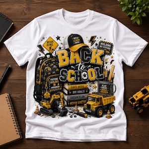 May include: A white t-shirt featuring a graphic print with the text "BACK TO SCHOOL". The design includes a backpack, a yellow excavator, a dump truck, a baseball cap, and a stack of books labeled "HARD WORK", "BIG GOALS", "DREAM PLAN", and "NEVER GIVE UP".
