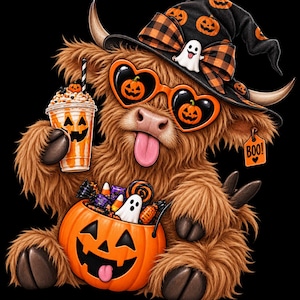 Op de afbeelding: Een pluizige bruine Schotse hooglander met een zwarte heksenhoed met oranje pompoenen en een geruite strik, hartvormige pompoen-zonnebril en een spookspeld. Het dier houdt een beker met pompoenthema en een pompoenemmer vol snoep en een spookje vast.