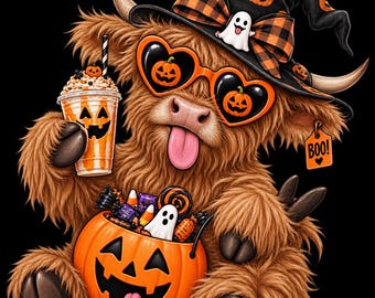 Lustiges Halloween-Highland-Kuh-PNG, gruseliges Highland-Kuh-Herbst-Sublimationsdesign für T-Shirts, niedliche Kürbis-Trendgrafik zum digitalen Download (DTF)