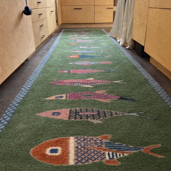 Handgeknoopt wollen viskleed 3 x 12 loper – blauwgroen, eigentijdse bohostijl