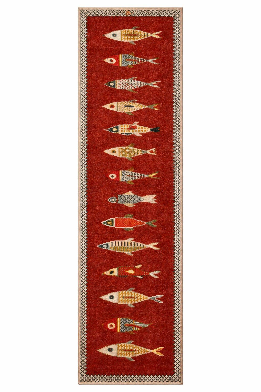 Hand Tufted Wool Fish Runner Rug, Modern Red Hallway Carpet, Luxury ...