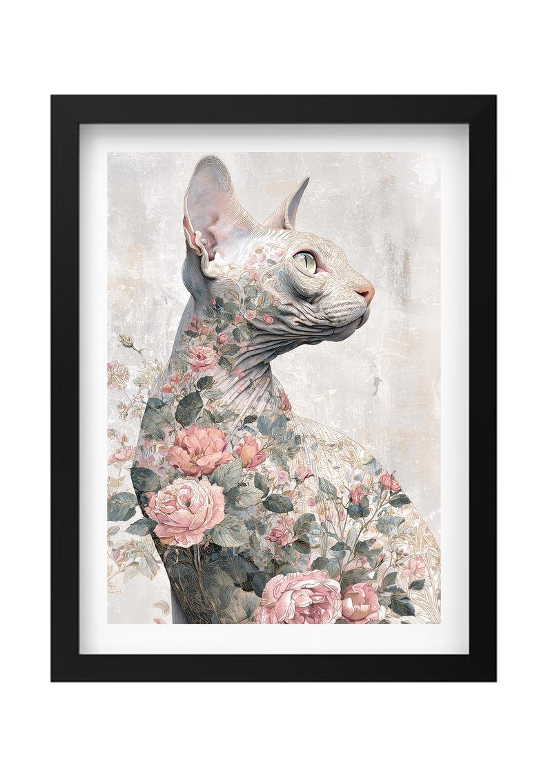 Floral Cat Digital Print – Hairless Sphynx Cat Poster – Modern Wall Art ...