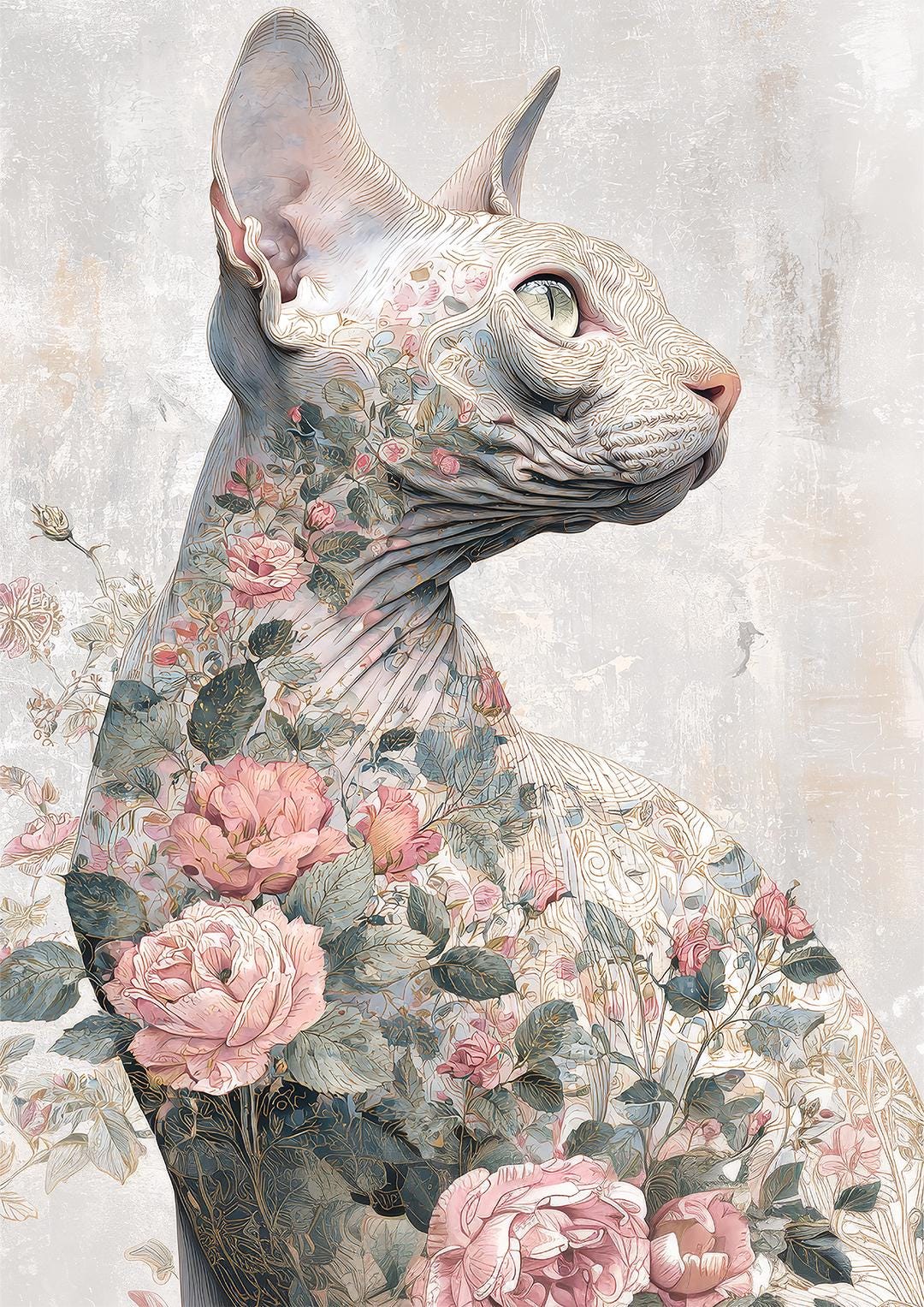 Floral Cat Digital Print – Hairless Sphynx Cat Poster – Modern Wall Art ...