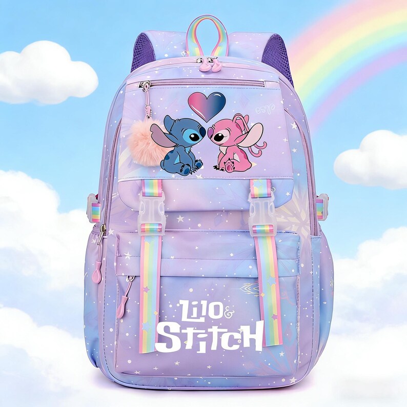 May include: A purple and blue backpack featuring the characters Stitch and Angel with a heart graphic. The backpack has rainbow straps, a fluffy pink pom-pom, and the words "Lilo & Stitch". The background shows a rainbow and stars.