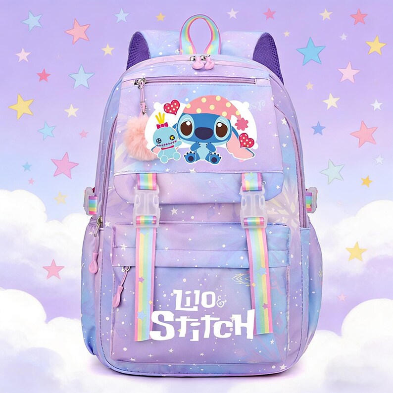 May include: A purple and blue backpack featuring the characters Stitch and Angel from Lilo & Stitch. The backpack has rainbow straps, a fluffy pink pom-pom, and the words "Lilo & Stitch" printed on the front. The background is a starry sky.