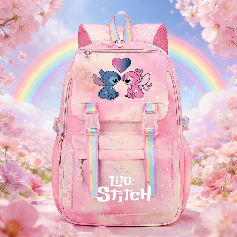 May include: Pink backpack featuring Stitch and Angel characters with a heart graphic. The backpack has rainbow-colored straps and the text "Lilo & Stitch". Includes a fluffy pom-pom and a top handle.