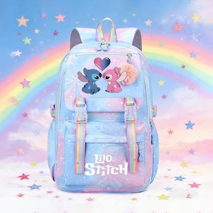 May include: A light blue backpack featuring Stitch and Angel characters with a heart graphic. The backpack has rainbow accents, a fluffy keychain, and the text "Lilo & Stitch". It has adjustable straps and buckle closures.