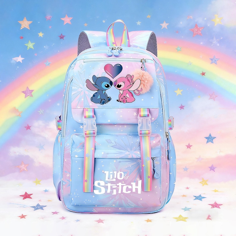 May include: A light blue backpack featuring Stitch and Angel characters with a heart graphic. The backpack has rainbow accents, a fluffy keychain, and the text "Lilo & Stitch". It has adjustable straps and buckle closures.