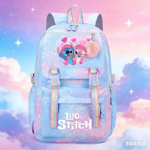 May include: A light blue backpack featuring the characters Stitch and Angel, with a pom-pom charm. The backpack has rainbow straps and the text "Lilo & Stitch". The background is a pastel sky with stars.