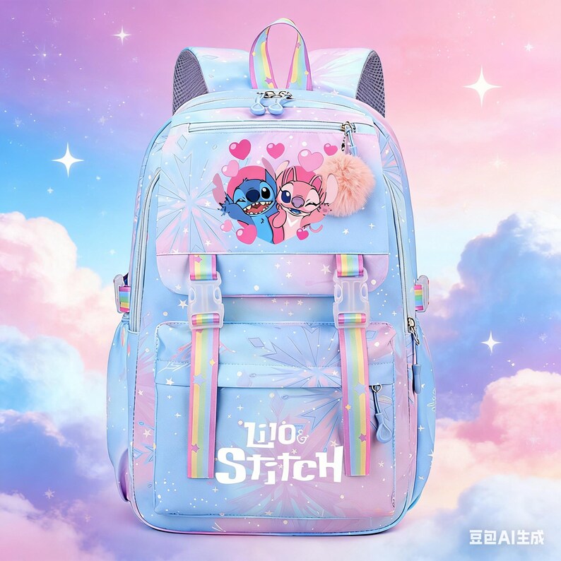 May include: A light blue backpack featuring the characters Stitch and Angel, with a pom-pom charm. The backpack has rainbow straps and the text "Lilo & Stitch". The background is a pastel sky with stars.
