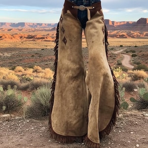 May include: Tan suede chaps with brown leather accents and fringe trim. The chaps feature diamond-shaped decorative elements and a belt with a silver buckle. The person is wearing blue jeans.