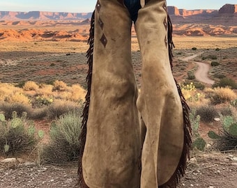Women's Handmade Cowgirl Chaps Genuine Buckskin Suede Leather Pants Western Rodeo Fringe Chaps