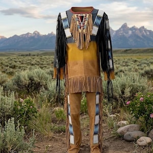 Puede incluir: Un atuendo nativo americano marrón y beige con flecos y abalorios. La camisa de manga larga tiene mangas negras y un diseño geométrico en el pecho. Los pantalones tienen rayas de cuentas en los laterales. El atuendo se exhibe al aire libre con montañas al fondo.
