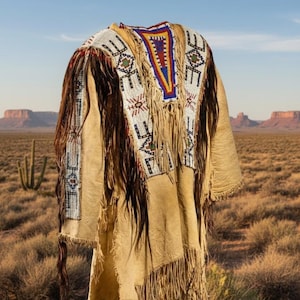 Peut inclure: Vêtement en peau de daim beige de style amérindien, orné de perles et de franges. Le motif comprend des motifs géométriques en perles blanches, bleues, rouges et jaunes. De longues mèches brunes pendent des épaules. Le fond est un paysage désertique.