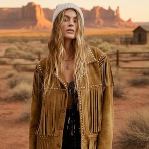 Könnte beinhalten: Hellbraune Wildlederjacke mit Fransen und silbernen Nieten. Die Jacke hat eine Knopfleiste und wird mit einer weißen Mütze getragen. Der Hintergrund zeigt eine Wüstenlandschaft mit Mesas und einer kleinen Holzstruktur.