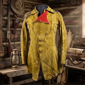 Puede incluir: Chaqueta de cuero amarillo mostaza vintage con flecos en los hombros y cuello rojo. Se exhibe en un maniquí en un entorno rústico de cabaña de madera, con un rifle y sombrero visibles en el fondo.