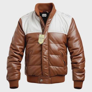 Men's Lambskin Leather Puffer Bomber Jacket: Brown White Quilted Winter Coat