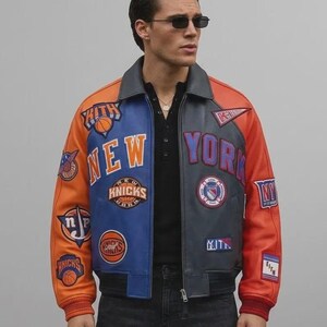 Jaqueta Varsity de Couro Feita à Mão – Estilo Streetwear Patchwork Knicks Rangers MSG