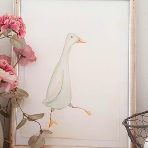 印刷可能なランナーダックのウォールアート、水彩画の鳥の子供部屋の装飾、ファームハウス風の動物ポスター、即時デジタルダウンロード、風変わりな子供部屋のアート