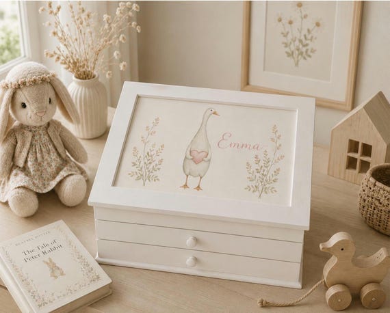 Schmuckkästchen Mädchen personalisiert mit Namen, Erinnerungsbox Geburt Gans, Weihnachtsgeschenk Kind, Taufgeschenk Baby