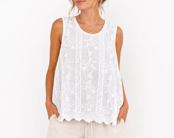 Italian Cotton Floral Embroidered Sleeveless Blouse, Boho Summer Tunic (UK 8-18)