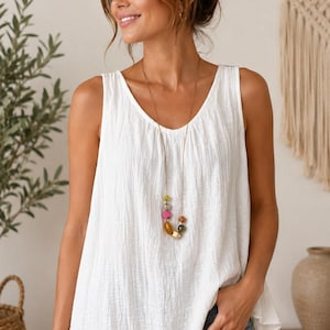 Luźna, włoska, marszczona bawełniana tunika bez rękawów, letni top w stylu boho Lagenlook (rozmiary UK 8-16)