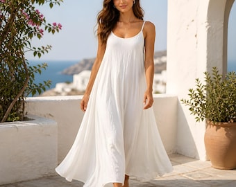 Italian Cotton Crinkle Maxi Dress for Women | Flowy Spaghetti Strap Summer Beach Sundress Size