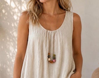 Italiaanse oversized mouwloze blouse van gekreukt katoen, lichtgewicht gevoerde zomertop met ketting, bohostijl, one size UK 8-16