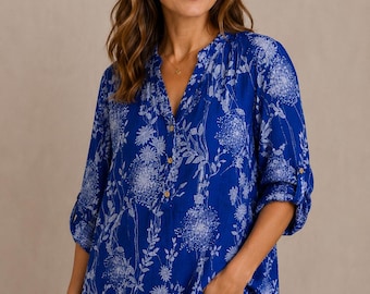 Made in Italy Floral Cotton Tunic Top | Oversized Boho Blouse | Roll Sleeve Summer Shirt | Loose Fit One Size UK 8-16
