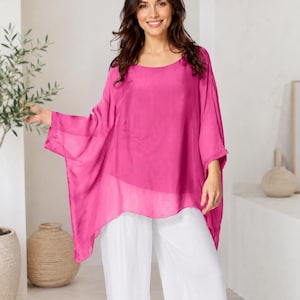 Italian Plain Silk Floaty  Tunic Top | Oversized Lagenlook Blouse for Women | Lined Flowy Summer Wear| Batwing Sleeves | One Size UK 8-16