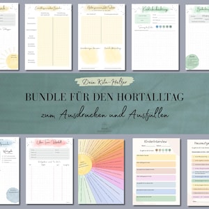 Könnte beinhalten: Ein digitales Set aus ausdruckbaren Planungsbögen für pädagogische Fachkräfte, bestehend aus zehn verschiedenen Vorlagen mit Pastellakzenten, Rasterlayouts und deutschem Text, darunter Titel wie Elterngespräch, Kinderbeobachtung und Kinderinterview.