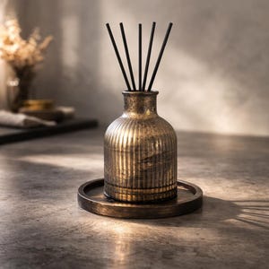 Może przedstawiać: Brązowy dyfuzor patyczkowy z czarnymi patyczkami. Szklana butelka ma pionowe żłobienia i stoi na pasującej okrągłej tacy. Idealny do zapachów do domu i aromaterapii.