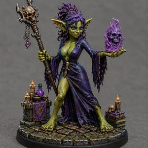 May include: A green-skinned goblin figure with purple hair wears a dark purple robe and holds a staff topped with a skull. The figure holds a glowing purple skull in one hand. Nearby are stone altars with candles, books, and potions.