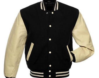 Varsity | Collage Jacket Letterman Wool Black and off-White Leather
