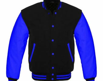 Varsity | Collage Jacket Letterman Black Wool and Royal Blue Leather