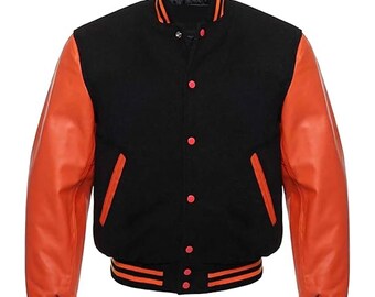 Varsity | Collage Jacket Letterman Wool Black and Orange Leather