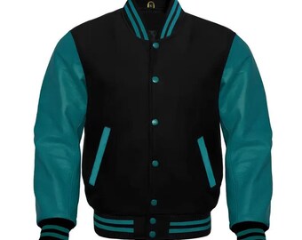 Varsity | Collage Jacket Letterman Black Wool and Zinc blue Leather