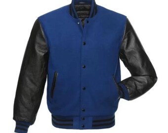 Varsity | Collage Jacket Letterman Navy Blue Wool and Black Leather