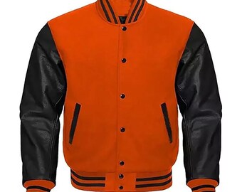 Varsity | Collage Jacket Letterman Wool Orange and Black Leather