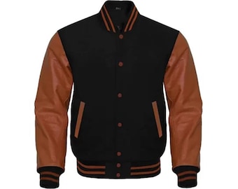 Varsity | Collage Jacket Letterman Black Wool and Brown Leather