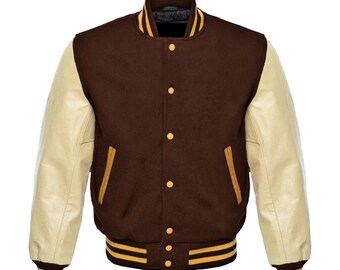 Varsity | Collage Jacket Letterman Brown Wool and Cream Leather