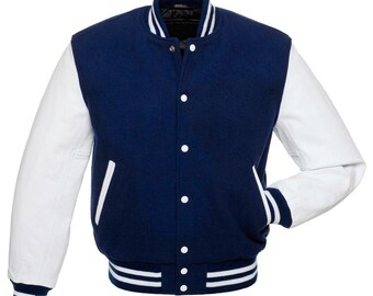 Varsity | Collage Jacket Letterman Dark Navy Wool and White Leather