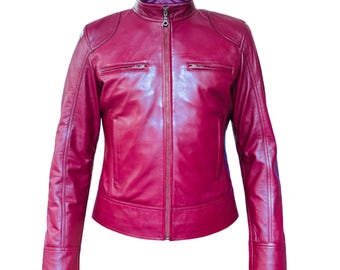 Women's Romi Fashion Leather Jacket Burgandy | Black