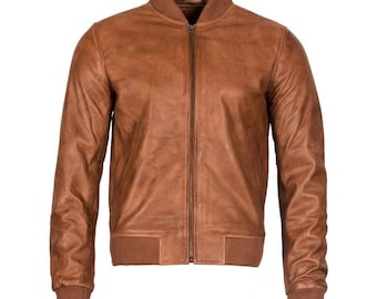 Men's Varsity Leather Bomber Jacket Tan Wax Washed | Letterman Jacket
