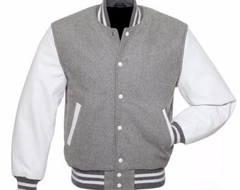 Varsity | Collage Jacket Letterman Ash Grey Wool and White Leather
