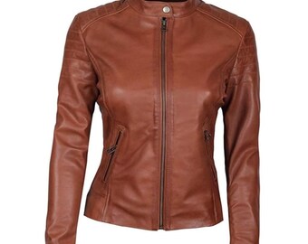 Women's Street Fashion Leather Jacket Tan Brown Waxed | Black