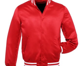 Satin Varsity Letterman Jacket Red with White Strips