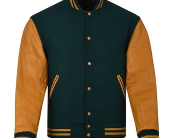 Varsity | Collage Jacket Letterman Dark Green Wool and Tan Leather